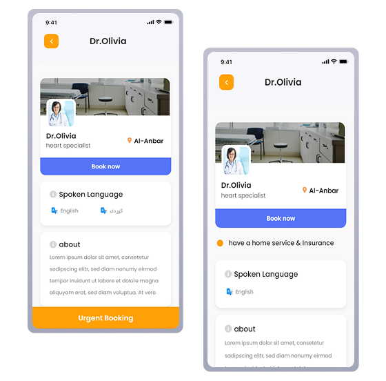 Urgent vs regular booking &mdash; Patient app, doctor profile screen