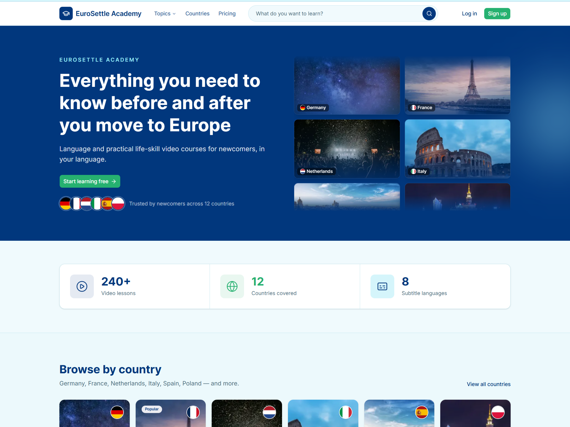 EuroSettle Academy, an online video academy organized by destination country